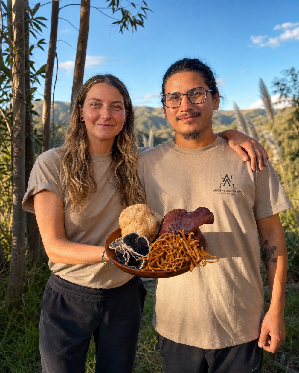 Paula Saarinen y Fernando Olvera sosteniendo hongos medicinales en el entorno rural andino de Cuenca