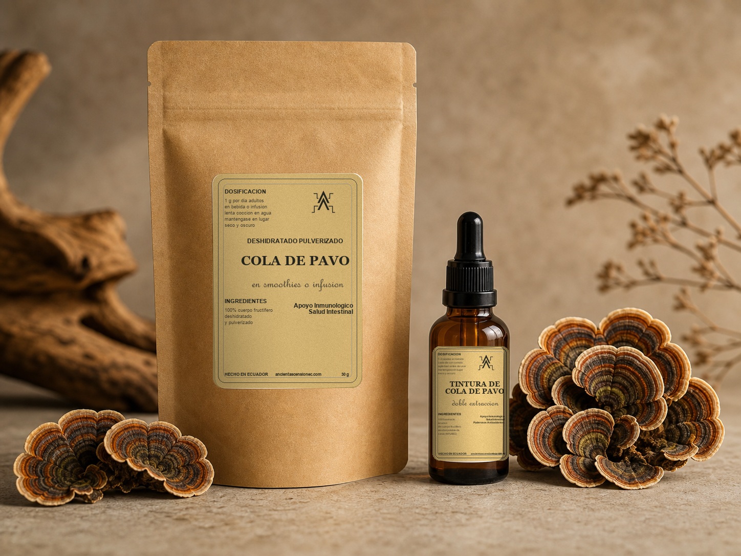 Kit de cola de pavo Ancient Ascension EC con gotero de tintura de 30 ml y bolsa de deshidratado pulverizado de 30 g