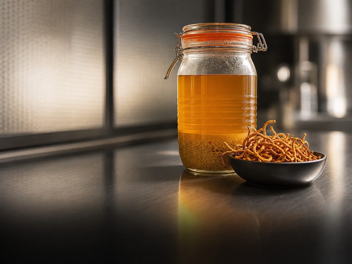 Frasco con extracto ámbar y cordyceps seco durante doble extracción