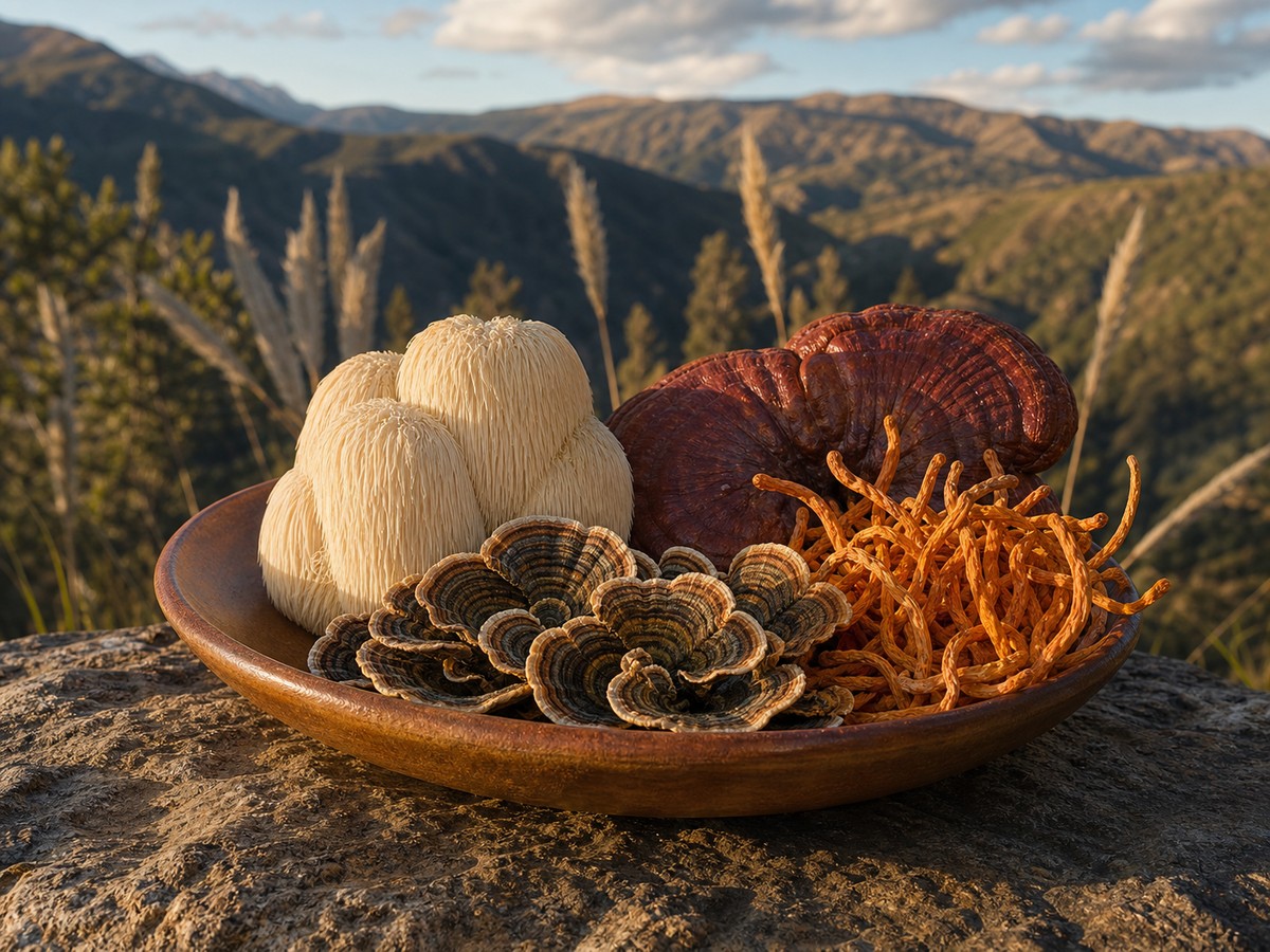 Hongos medicinales reales sobre plato con paisaje andino